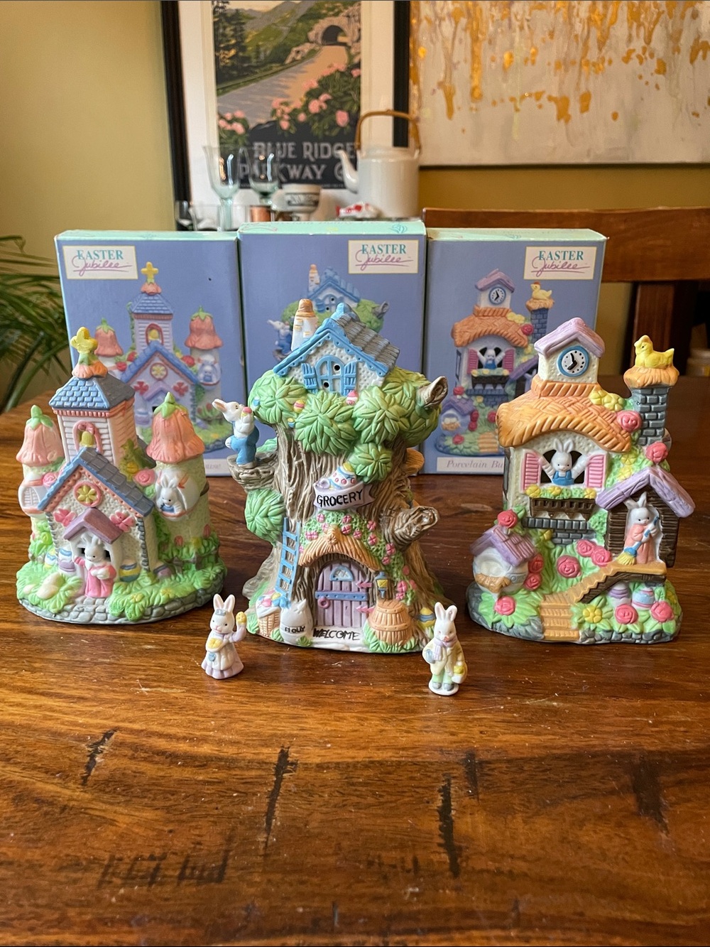 3 Vintage Easter Cottage Village Houses KMart Original Boxes Bunnies Easter Eggs